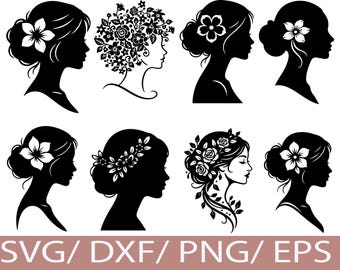 Woman SVG, Female Silhouette Bundle, Floral Hair Beauty Portrait Icons