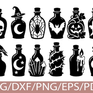 May include: A collection of twelve black and white graphic illustrations of potion bottles featuring icons including a skull, witch hat, spider web, bat, pumpkin, ghost, raven, moon, stars, crystals, thorns, and a candle. Text reads SVG/DXF/PNG/EPS/PDF.