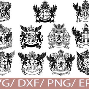May include: A collection of ten black and white heraldic crest designs. Each crest features a shield with various symbols, a crown, wings, and often supporting animals like lions or griffins. The text "SVG / DXF / PNG / EPS" is at the bottom.
