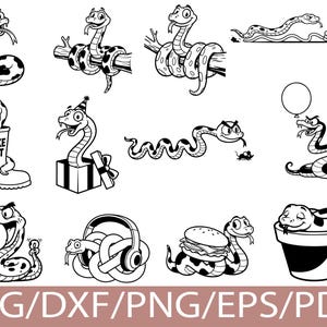 Könnte beinhalten: Eine Sammlung von schwarz-weißen Strichzeichnungen mit Cartoon-Schlangen in verschiedenen Posen, darunter eine Schlange in einem Stiefel mit der Aufschrift SNAKE BOOT, eine Schlange in einer Geschenkbox, eine Schlange mit Kopfhörern und eine Schlange im Topf.