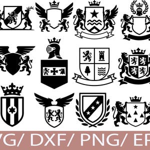 Pode incluir: Uma coleção de designs de brasões heráldicos em preto e branco. Cada brasão apresenta vários elementos como coroas, leões, estrelas e escudos. A parte inferior da imagem exibe o texto "SVG / DXF / PNG / EPS".