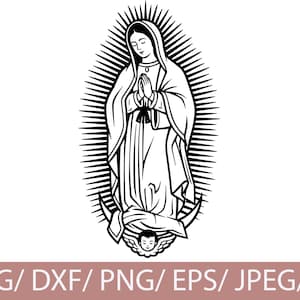Puede incluir: Ilustración en blanco y negro de una figura religiosa con las manos juntas en oración, rodeada por un óvalo radiante. La figura lleva una túnica larga y un velo. Un pequeño ángel está en la parte inferior. Incluye el texto "SVG / DXF / PNG / EPS / JPEG / AI".