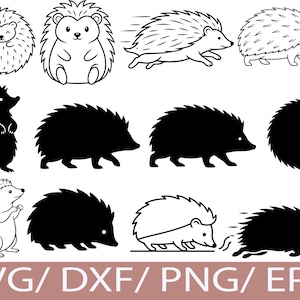Peut inclure: Plusieurs illustrations de hérissons dans diverses poses et styles. Les images comprennent des dessins au trait en noir et blanc et des silhouettes noires unies. Certains hérissons sont debout, en train de courir ou enroulés.