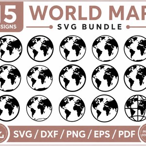 Peut inclure: Un ensemble numérique de 15 modèles de cartes du monde avec des silhouettes noires de continents dans des bordures circulaires sur fond blanc. Le texte indique 15 WORLD MAP SVG BUNDLE et liste les formats SVG, DXF, PNG, EPS et PDF en bas.