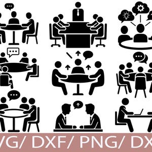 Puede incluir: Una colección de ilustraciones vectoriales en blanco y negro que representan varias situaciones de reuniones de negocios. Las imágenes muestran a personas sentadas alrededor de mesas, comunicándose y compartiendo ideas. El texto "SVG/DXF/PNG/DXF" está en la parte inferior.
