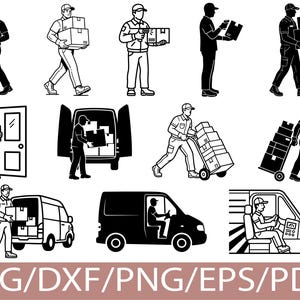 Pode incluir: Uma coleção de ilustrações vetoriais em preto e branco retratando pessoal de entrega em várias poses, incluindo caminhar com pacotes, carregar uma van, usar um carrinho de mão e dirigir, com o texto SVG/DXF/PNG/EPS/PDF na parte inferior.