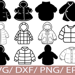 May include: A collection of black and white vector illustrations of children's winter coats. The designs include hooded parkas, button-up jackets, and wrap-style coats. The image also includes the text "SVG / DXF / PNG / EPS".