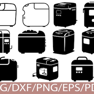 Könnte beinhalten: Eine Sammlung von Schwarz-Weiß-Illustrationen von Brotbackautomaten in verschiedenen Stilen. Das Bild zeigt verschiedene Designs von Brotbackautomaten, jedes mit einer einzigartigen Form und Merkmalen. Der untere Teil des Bildes enthält den Text "SVG/DXF/PNG/EPS/PDF".