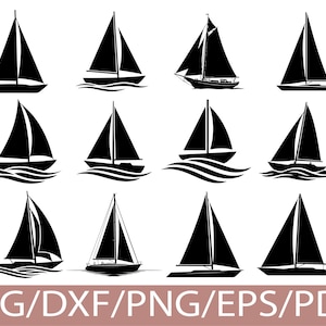 May include: A collection of black sailboat silhouettes on a white background. The sailboats vary in design, some with waves, others without. The image includes the text "SVG/DXF/PNG/EPS/PDF" in a brown banner at the bottom.