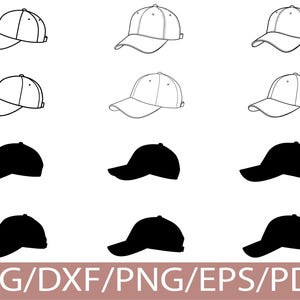 May include: Nine baseball cap designs in black and white. The top row features outlined caps, the middle row has filled-in caps, and the bottom row shows solid black caps. The image includes the text "SVG/DXF/PNG/EPS/PDF" at the bottom.