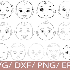 Può includere: Una collezione di illustrazioni in bianco e nero di facce di bambini con varie espressioni, tra cui sorrisi, occhiolini e musi. L'immagine include il testo "SVG / DXF / PNG / EPS".