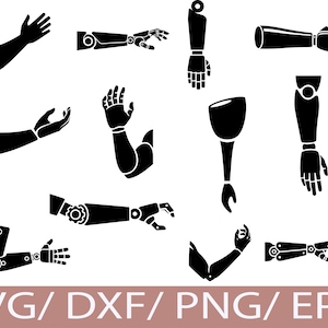 May include: Black silhouette illustrations of various robotic arms and human arms in different poses. The image includes multiple designs of mechanical arms with detailed joints and hands, and human arms with open hands. The text "SVG/DXF/PNG/EPS" is at the bottom.