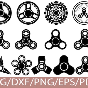Può includere: Una collezione di design di fidget spinner in bianco e nero in varie forme e stili. L'immagine include spinner a tre e cinque bracci, oltre a design circolari e geometrici. Il testo "SVG/DXF/PNG/EPS/PDF" è visualizzato in basso.