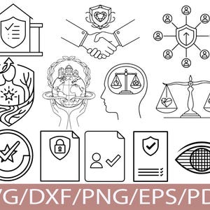Può includere: Una collezione di illustrazioni in bianco e nero raffiguranti vari simboli di sicurezza e protezione. Include uno scudo, una stretta di mano, una bilancia e un occhio, con il testo "SVG/DXF/PNG/EPS/PDF" in basso.