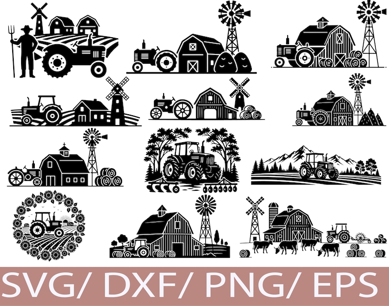 Svg Rural Area Farm Scene SVG Bundle | Tractor Barn Windmill Silhouettes | Rural ...
