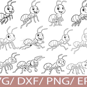 May include: Black and white cartoon illustrations of ants in various poses, including running, smiling, and looking angry. The ants have large eyes and segmented bodies. The image includes the text "SVG / DXF / PNG / EPS".