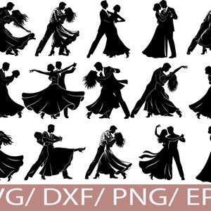 Könnte beinhalten: Eine Sammlung schwarzer Silhouetten von tanzenden Paaren. Die Tänzer befinden sich in verschiedenen Posen, die Frauen tragen fließende Kleider. Der Text "SVG / DXF / PNG / EPS" ist unten in Hellbraun dargestellt.