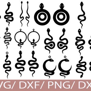 May include: A collection of black snake-shaped designs, including earrings and pendants. The image features various styles, from coiled snakes to circular designs with snake details. The text "SVG/DXF/PNG/DXF" is at the bottom.