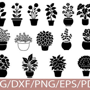 May include: A collection of black and white potted plant silhouettes. The plants vary in shape and size, with different leaf and flower designs. The image includes the text "SVG/DXF/PNG/EPS/PDF" at the bottom.