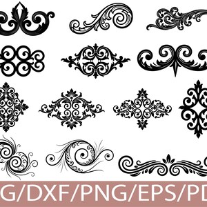 May include: A collection of black ornamental vector graphics in various scroll and flourish designs. The image includes several decorative elements, such as swirls, leaves, and symmetrical patterns. The text "SVG/DXF/PNG/EPS/PDF" is at the bottom.