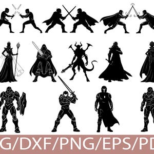 May include: Black and white silhouette illustrations of various fantasy and sci-fi characters. The image includes figures wielding swords, futuristic armor, and cloaked figures, with the text "SVG/DXF/PNG/EPS/PDF" at the bottom.