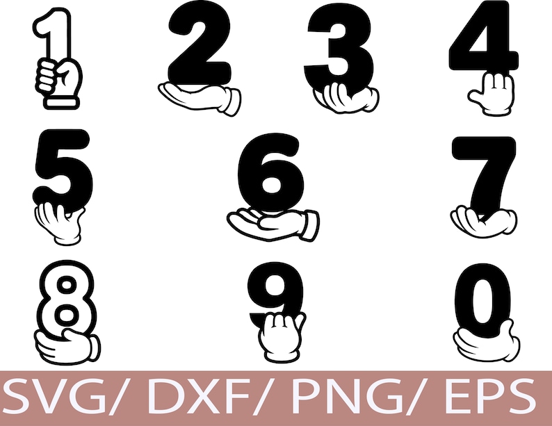 Cartoon Glove Hand Numbers SVG Silhouette Funny Retro Number Icons Set ...