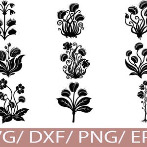 May include: Black and white vector illustrations of Venus flytraps in various stylized designs. The image features multiple plant arrangements, showcasing different artistic interpretations of the carnivorous plant. The bottom of the image displays the text "SVG / DXF / PNG / EPS".