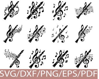 Clarinet Music SVG Silhouette Bundle Treble Clef Notes Musical Instrument Set