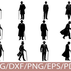 May include: Black and white silhouettes of figures in vintage attire, including suits, coats, hats, and canes. The figures are in various poses, suggesting movement and style. The bottom of the image displays the text "SVG/DXF/PNG/EPS/PDF".