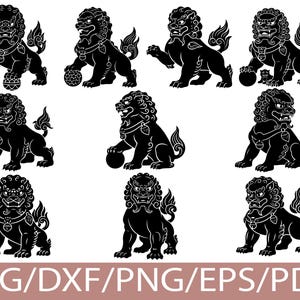 May include: Black and white illustrations of Chinese guardian lions in various poses. Each lion has a detailed mane, a collar, and a ball or paw raised. The image includes the text "SVG/DXF/PNG/EPS/PDF" at the bottom.