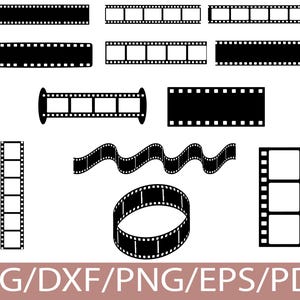Könnte beinhalten: Eine Sammlung von Schwarz-Weiß-Filmstreifen-Grafiken in verschiedenen Formen. Das Bild zeigt gerade, gebogene und kreisförmige Filmstreifen, zusammen mit dem Text "SVG/DXF/PNG/EPS/PDF" auf einem braunen Banner.