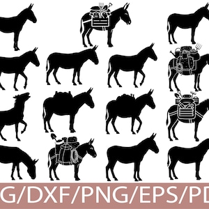 Op de afbeelding: Een verzameling zwarte ezel silhouetten in verschillende poses, sommige met pakken en gereedschap. De afbeelding toont ezels die staan, lopen en balken. De onderkant van de afbeelding bevat de tekst "SVG/DXF/PNG/EPS/PDF" op een bruine banner.