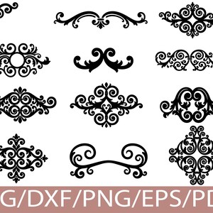May include: A collection of twelve black digital graphic ornaments featuring intricate scrollwork, flourishes, and symmetrical filigree patterns. The set includes various corner pieces, horizontal dividers, and central motifs labelled with SVG, DXF, PNG, EPS, and PDF.