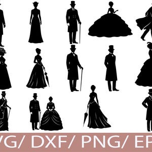 Puede incluir: Siluetas negras de personas con atuendos de la época victoriana, incluyendo hombres con sombreros de copa y abrigos con bastones, y mujeres con vestidos largos. La imagen incluye el texto "SVG / DXF / PNG / EPS" en la parte inferior.