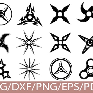 Può includere: Una collezione di design neri di stelle ninja e spinner in varie forme. L'immagine include una varietà di design di stelle e spinner, con una sovrapposizione di testo in basso che recita "SVG/DXF/PNG/EPS/PDF".