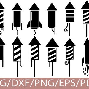 May include: A collection of black and white firework designs. The designs include various shapes and styles, such as rockets and cylindrical shapes, with details like stripes and sparks. The image also includes the text "SVG/DXF/PNG/EPS/PDF".