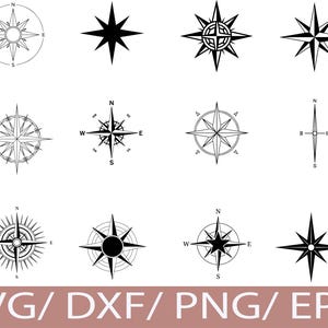 May include: A collection of twelve compass rose designs in black and white. The designs vary in style, including solid and outlined versions, with directional indicators like N, S, E, and W. The text "SVG/DXF/PNG/EPS" is at the bottom.