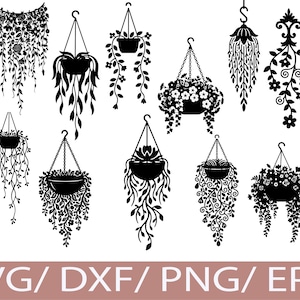 May include: Black and white digital illustrations of hanging planters with various floral and foliage designs. Each planter is suspended by a chain or hook, showcasing detailed plant silhouettes. The image includes the text "SVG / DXF / PNG / EPS".