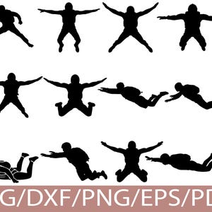 May include: Black silhouette illustrations of skydivers in various positions against a white background. The images show skydivers in freefall, with arms and legs outstretched. The bottom of the image has the text "SVG/DXF/PNG/EPS/PDF".