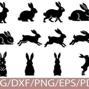 May include: A collection of black rabbit silhouettes in various poses, including sitting, running, and standing. The image features multiple rabbit designs, perfect for crafting projects. The bottom of the image displays the text "SVG/DXF/PNG/EPS/PDF".