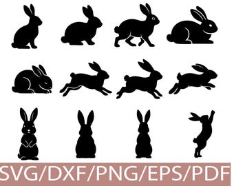 Rabbit SVG Silhouette Bundle Running Sitting Bunny Outline Set