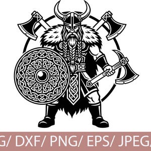 May include: Black and white illustration of a Viking warrior with a horned helmet, long beard, and fur collar. He holds an axe and shield with a Celtic knot design. Two axes are behind him, and the image is framed by a circle.