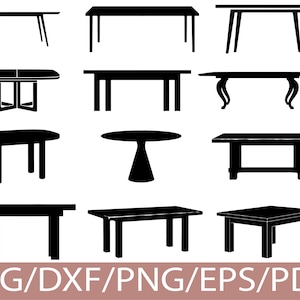 May include: A collection of black table silhouettes in various shapes and styles. Designs include rectangular, oval, and round tables with different leg configurations. The image also includes the text "SVG/DXF/PNG/EPS/PDF".