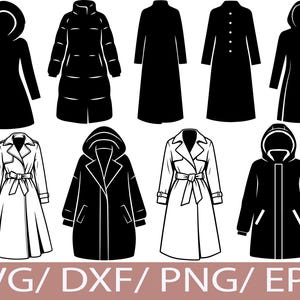 Puede incluir: Colección de siluetas de abrigos en blanco y negro. Incluye un abrigo acolchado con capucha, un abrigo largo con botones, una gabardina con cinturón y una parka con capucha. La parte inferior de la imagen tiene el texto "SVG/ DXF/ PNG/ EPS".