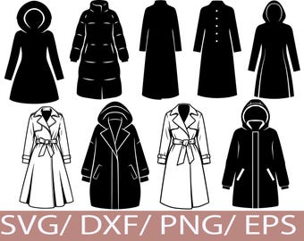 Women Winter Coat SVG Silhouette Bundle, Long Jacket Trench Parka Fashion Set