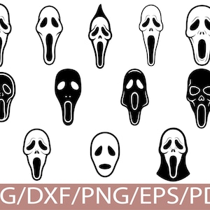 May include: A collection of Scream mask designs in black and white. The masks have a variety of expressions, with open mouths and stylized eye shapes. The bottom of the image has the text "SVG/DXF/PNG/EPS/PDF".