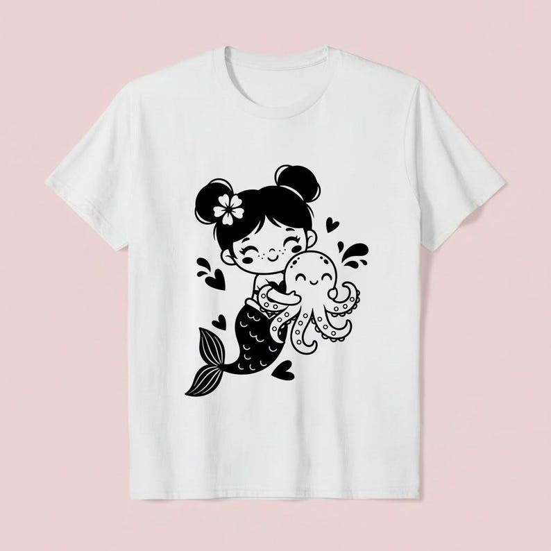 Hugging Octopus Kawaii Mermaid Girl SVG Silhouette, Octopus Hug Line Art (digital ...