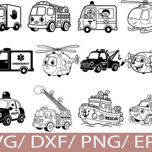 May include: Black and white line art illustrations of various emergency and rescue vehicles, including an ambulance, fire truck, helicopter, tow truck, airplane, police car, rescue boat, and a truck with a flag. The image includes the text "SVG / DXF / PNG / EPS".