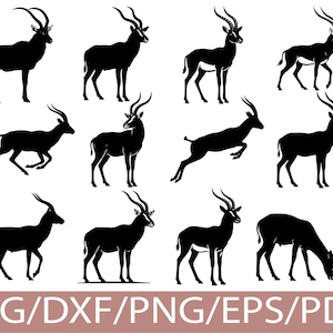 May include: Black silhouette illustrations of gazelles in various poses, including standing, running, and leaping. The image includes the text "SVG/DXF/PNG/EPS/PDF" in a light brown banner at the bottom.