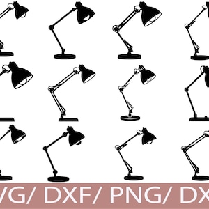 May include: A collection of black desk lamp silhouettes in various positions. Each lamp features an adjustable arm and a conical shade. The base shapes vary, including round and rectangular. The bottom of the image displays the text "SVG / DXF / PNG / DXF".